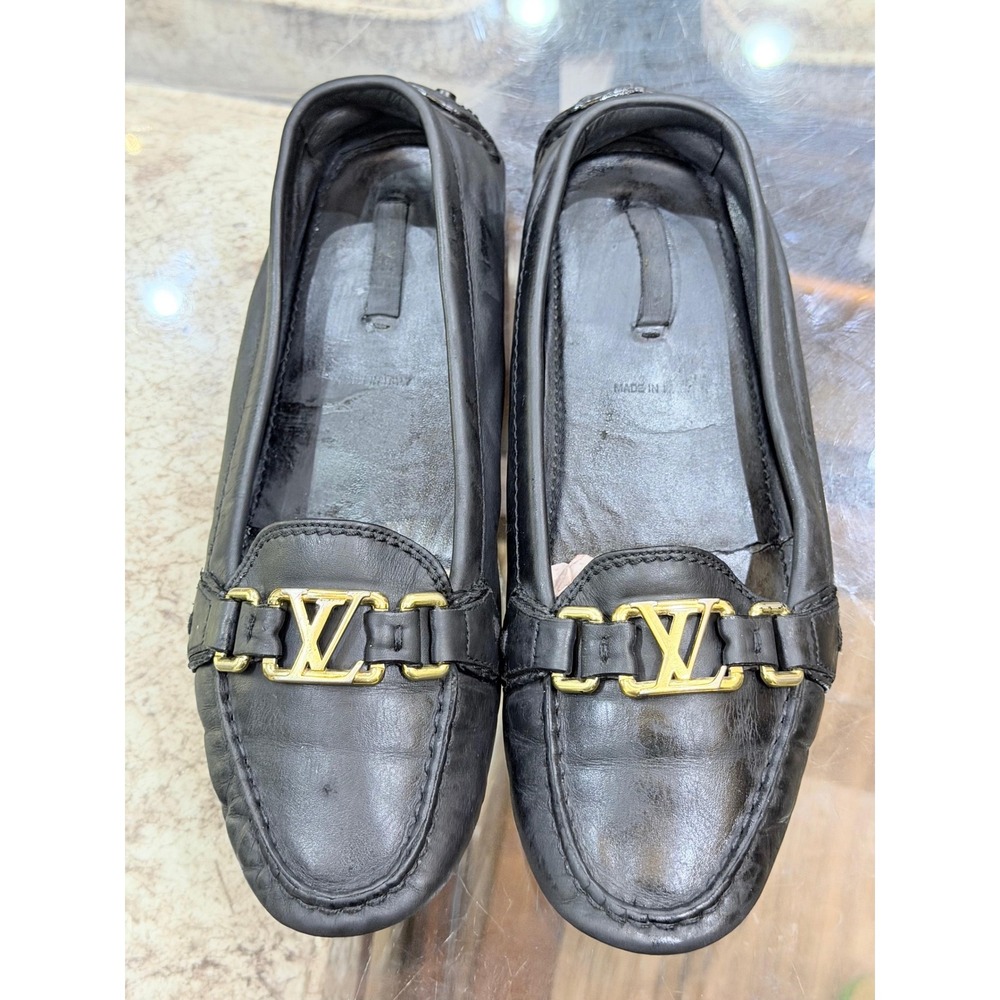Louis Vuitton Black Leather Loafers Gold LV Logo Driving Shoes Womens Italy 39